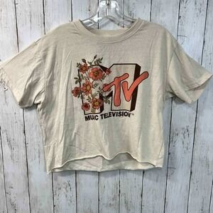 Women's Retro MTV Y2K Inspired Cropped Beige T-Shirt Size XL